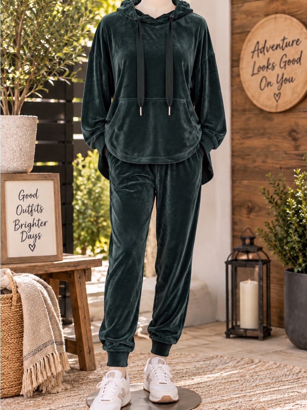 Alfani Plush Velvet Hooded Set in Dark Green